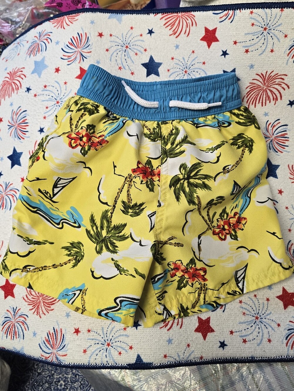 Floatimini Yellow Tropical Swim Shorts with Teal Waistband Full Line